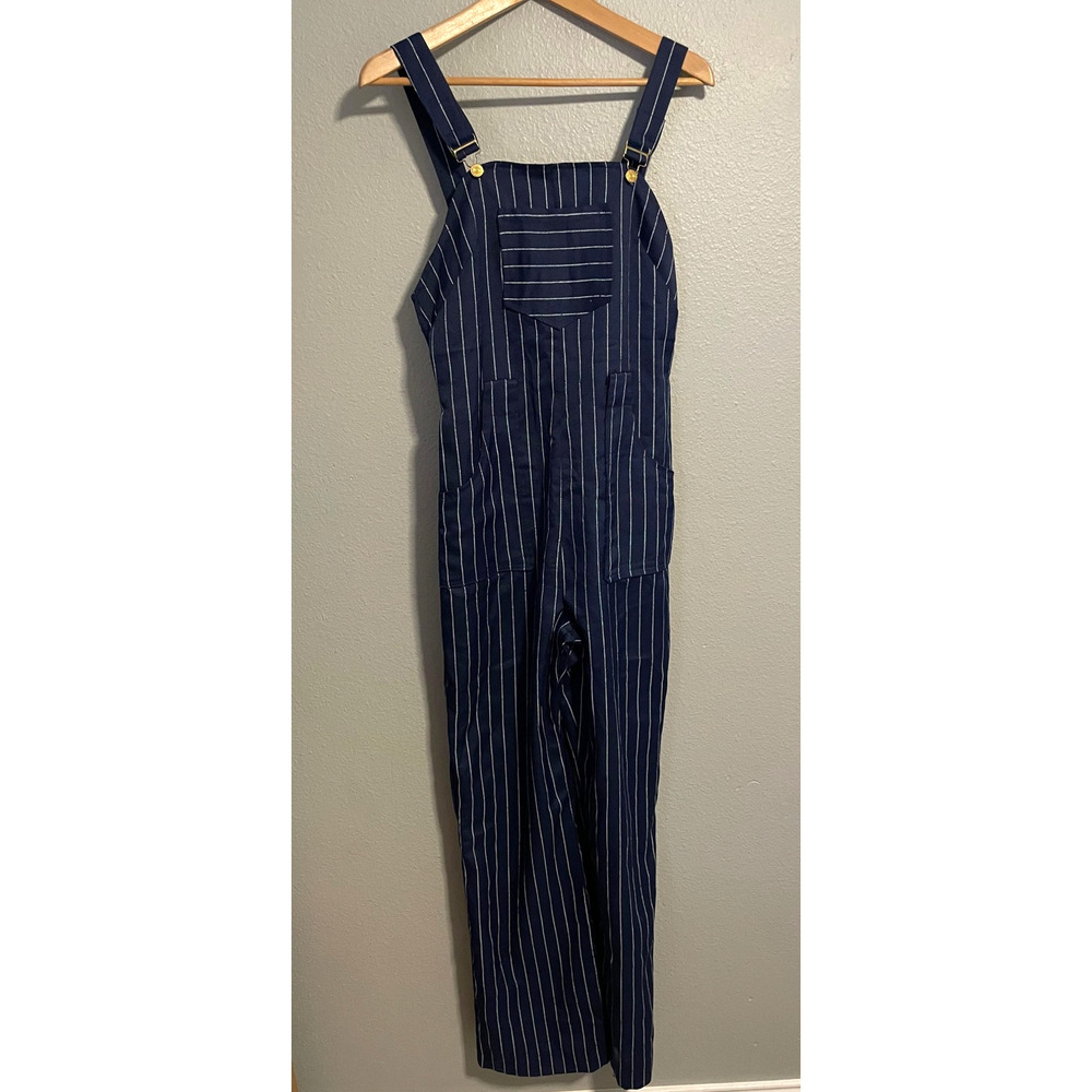 Vintage Handmade Pinstripe Overalls Womens Medium Navy Blue Bib 70s READ